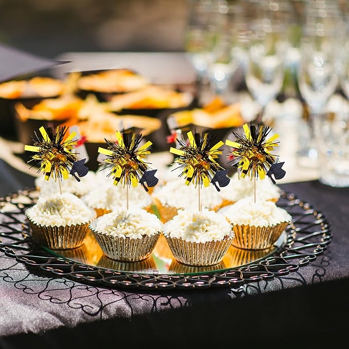 24Pcs Graduation Cupcake Toppers,Class of 2025 Foil Firework Cupcake Toppers Tinsel Food/Appetizer Picks For Graduation CupCake Decorations Supplies Favor
