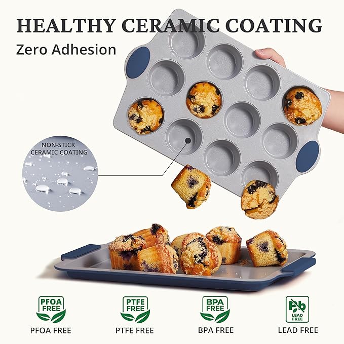 BRONYPRO 2-Pack 12 Cup and Mini 24 Cup Non Toxic Nonstick Ceramic Muffin Pan & Cupcake Tin, PFOA & PTFE Free, Heavy Duty Rust-Resistant Aluminized Steel, Oven & Dishwasher Safe, Blue