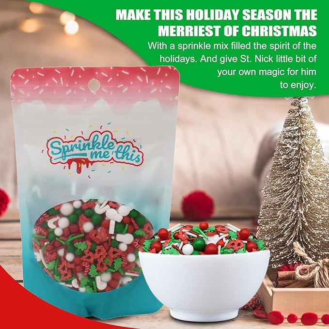 A Treat for St. Nick - 4 Oz Resealable Bag - Christmas Themed Sprinkles - Featuring Red, Green and White Pearls, White Candy Canes and Snowmen - Cake and Ice Cream Sprinkles