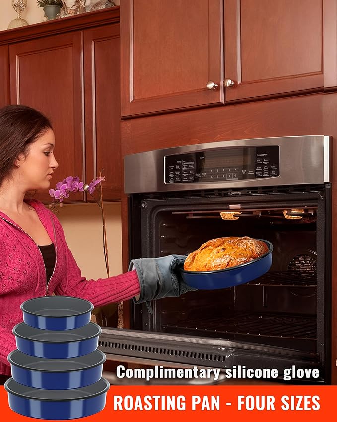 Baking Pans Set Round Roasting Dish 4-Pack 9/10/12/14 Inch Enamel Non Stick Large Bakeware for Cake Bread Pie Pizza Turkey Steak, Non-Toxic Oven Dishwasher Safe Thanksgiving Cookware