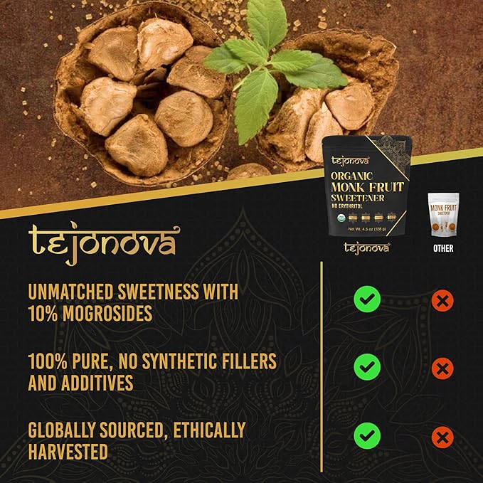 Organic Monk Fruit Powder, Pure Monk Fruit Sweetener No Erythritol, Monkfruit Sweetener Pure Goodness, Monk Fruit Sugar Susbtitute, Monk Fruit Extract Powder, 4.5oz 413 servings, by tejonova