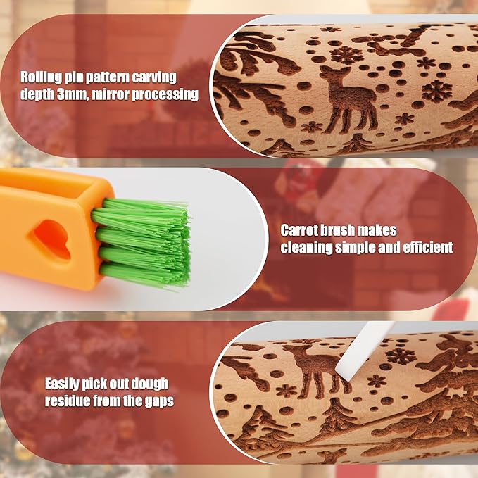 17" Premium Wooden Rolling Pins for Baking with Reindeer Embossed Designs | 3mm Deep Springerle Cookie Molds | Christmas Rolling Pin & Baking Gifts for Women | Includes 3-in-1 Cleaning Brush