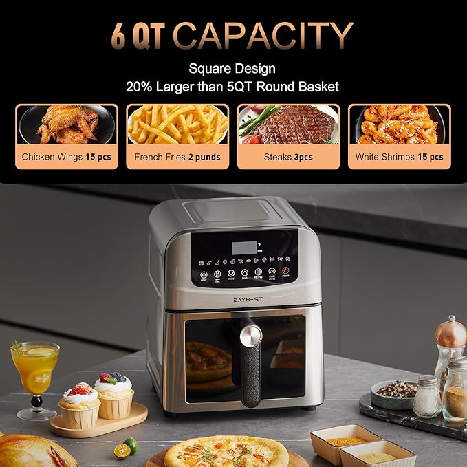 6QT Air Fryer, 2-3 Servings, 12-in-1 Dual Heats Stainless Steel & Full Metal Housing, Deep Basket with PFAS & PTFE-Free Premium Ceramic Coating, 1700W, DAYBEST Dishwasher Safe Kits (Silver)