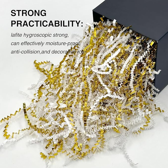 2LB Crinkle Paper Shred Filler for Bag Gift Box Basket Paper Shreded Stuffing Decoration in Party (White & Gold)