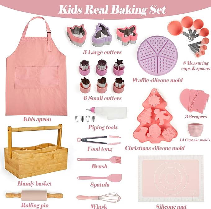 Pulcher Kids Baking Sets Real Little Chef Kitchen Cooking Set Tools Kit Supplies, with Apron Utensils Rolling Pin Silicone Mat Cookie Cutters Measuring Cups Spoons Bamboo Carrying Basket(Pink Purple)