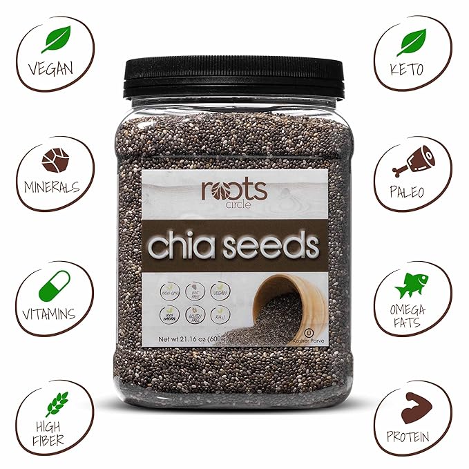Roots Circle Non-GMO Chia Seeds | 1.3 Pound (Pack of 1) Raw Superfood, Vegan, Kosher, Nut & Gluten Free, Keto & Paleo Friendly | Add Omega 3 & Protein to your Salad, Smoothie, Oatmeal, & Acai Bowl