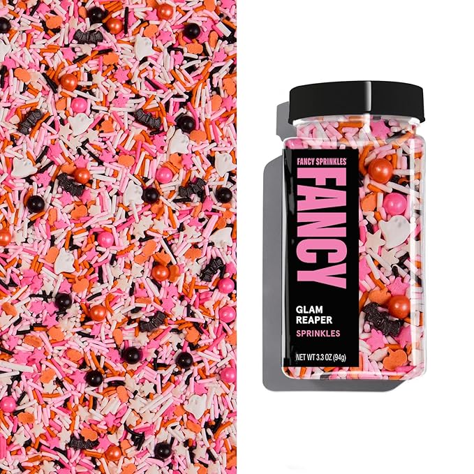 Fancy Sprinkles Glam Reaper Sprinkles Pink, Orange, Black, and White Crunchy Jimmies Candy Pearls, Bats and Pumpkins (0.5c)