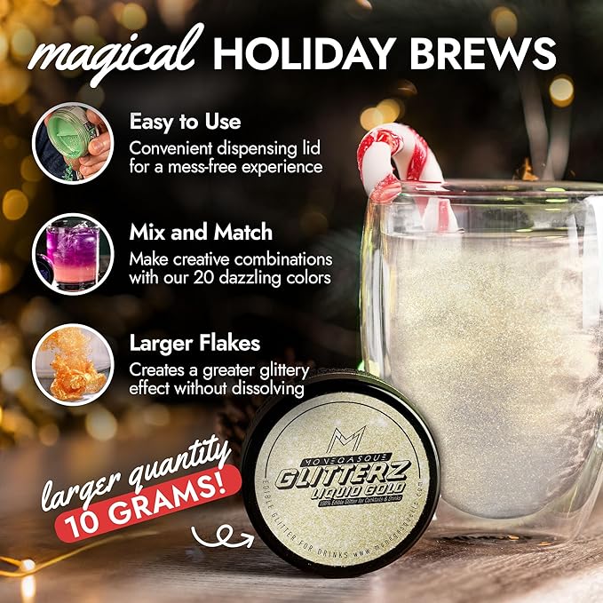 MONÉGASQUE Gold Iridescent Edible Glitter for Drinks 10g – Liquid Gold Edible Glitter for Cakes & Cocktails – Cocktail Drink Shimmer Sparkles – Cake Decorating Christmas Sprinkles Toppers for Cupcakes
