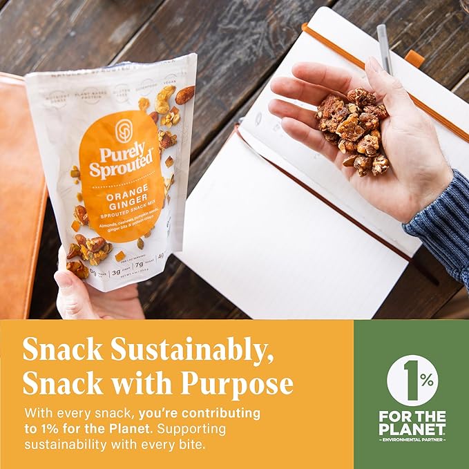 Purely Sprouted Orange Ginger Sprouted Snack Mix with Almond, Cashew Nuts & Pumpkin Seeds – Grain and Gluten Free, Vegan – Ideal for On-the-Go, 4oz, 6 pack