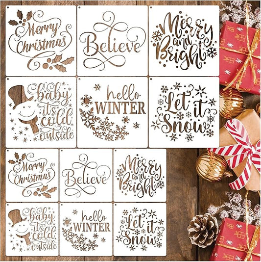 Christmas Stencils for Painting on Wood Reusable Snowflake Large Merry Christmas Pine Tree Nativity Holiday Stencil Snow Templates for Wood Sign Window Floor Crafts Doormats(Christmas Words)