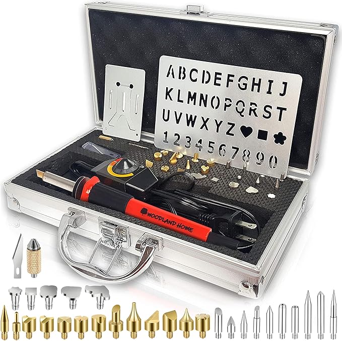 Wood Burning Kit. Pyrography Pen Fully Adjustable Temperature With safety Stand. 27 Tips with Cutting Blade, Stencils and Deluxe Case