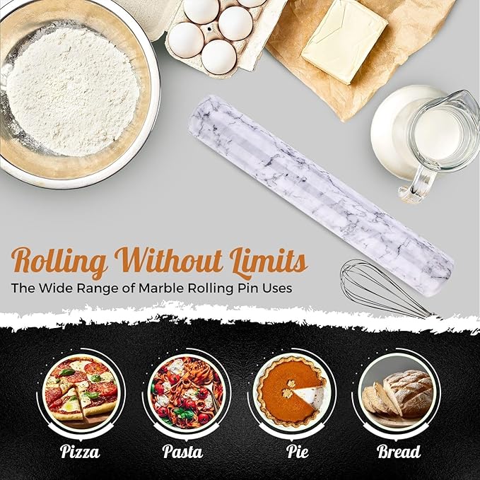 Flexzion French Rolling Pin, 12 Inch White Marble Rolling Pins for Baking with Wooden Base Holder Stand - Non-Stick Baking Roller for Baking Fondant, Crust, Pastry, Cookies, Pizza, Pasta