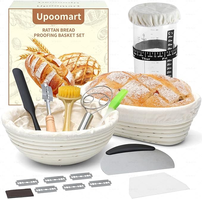 Soudough bread baking supplies, Upoomart Banneton Bread Proofing Basket Set of 2, 9 Inch Round & 10 Oval Cane, 34oz Sourdough Starter Jar Kit, Dough Scraper Linen Liner