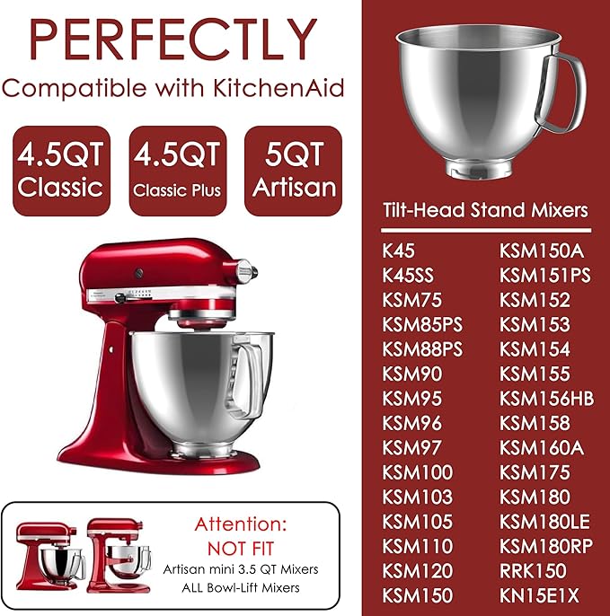 Stainless Steel Mixer Bowl for KitchenAid Artisan & Classic Series 4.5 Quart / 5 Quart Tilt-Head Stand Mixers, KSM150 Stainless Steel Bowl Replacement, Mixing Bowl for KitchenAid, Silver