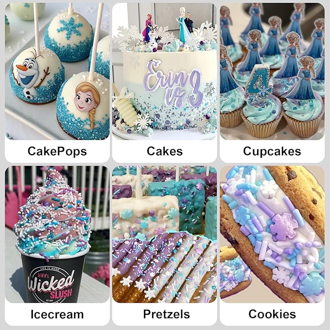 HUEBEATY 6-in-1 Frozen Snowflakes Sprinkles for Cake Decorating- 180g Winter Cake Sprinkles with Jimmies, Nonpareils, Blue & Silver Sugar, Edible Frozen Cake, Cupcake Toppers & Birthday Decorations for Cakes, Cupcakes, Cookies & Icecream