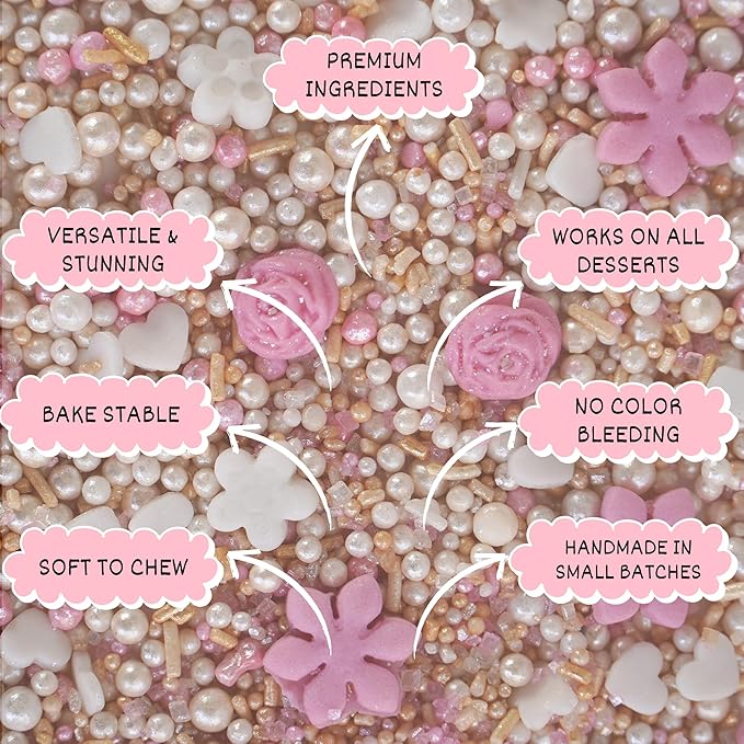 Confect Pink and White Rose Sprinkles Mix with Pearl Decorations – Edible Cake Topping for Cupcakes, Cookies, Desserts – Celebration Baking Decoration – Vegan, Gluten-Free, Nut-Free, Soy-Free, Dairy-Free , Handcrafted Sprinkle – 4.2 Oz
