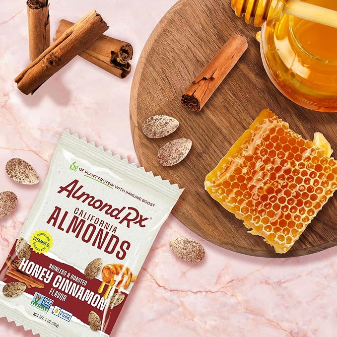 AlmondRx | Heart Healthy Skinless Lightly Salted California Almond Snack Packs | Fortified with Vitamin D | Plant Protein | Keto | Vegan | No Sugar Added (48 Pack, Honey Cinnamon)