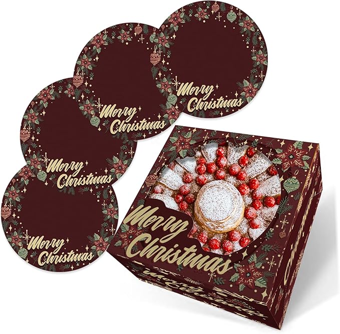 Bakepacker Christmas 36pcs 8x8x5 inches Cake Boxes with Window 18-Packs, 8 Inch Bakery Boxes Colorful Christmas (18 cake boxes +18 Cake Boards Included)