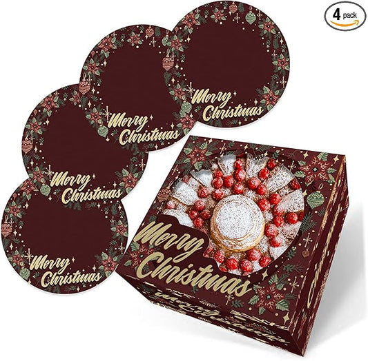 Bakepacker Christmas 4pcs 8x8x5 inches Cake Boxes with Window 4-Packs, 8 Inch Bakery Box Colorful Christmas