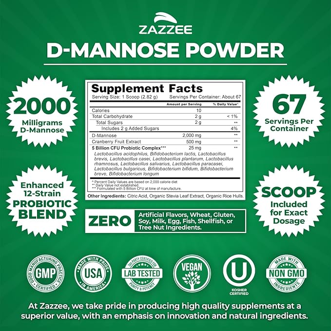 Zazzee D-Mannose Powder Plus, 2000 mg, 67 Servings, Potent & Fast-Acting, Plus 5 Billion CFU Probiotics and Pure Cranberry Juice Extract, Kosher, Free Scoop, 6.5 Oz, Gluten-Free, Non-GMO All-Natural