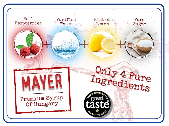 Mayer Hungarian Premium Raspberry Artisanal Syrup, Award-Winning, All-Natural, Vegan, Gluten-Free, Over 50% Real Fruits, (2 x 16.9oz), Perfect Coffee Syrup & Cocktail Syrup, No Artificial Additives (2 Pack)