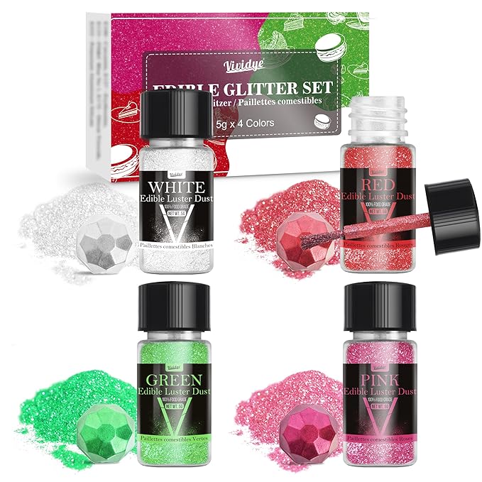 Edible Glitter - 4 Colors Food Grade Luster Dust Edible Set, Halloween Edible Glitter for Drinks, Cocktails, Cupcakes, Cookies, Candy, Glimmer Sprinkle Powder for Party Foods, Baking, Beverage, 5g/Bottle