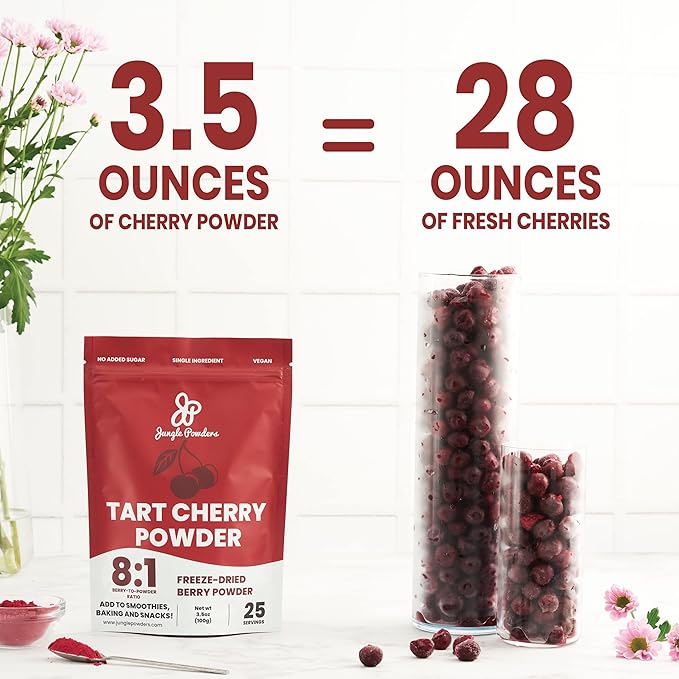 Jungle Powders Freeze Dried Tart Cherry Powder For Smoothie 3.5 Ounce Bag, Powdered Cherries Unsweetened, Additive and Filler Free Natural Tart Cherry Extract For Baking Flavoring Cooking Smoothies
