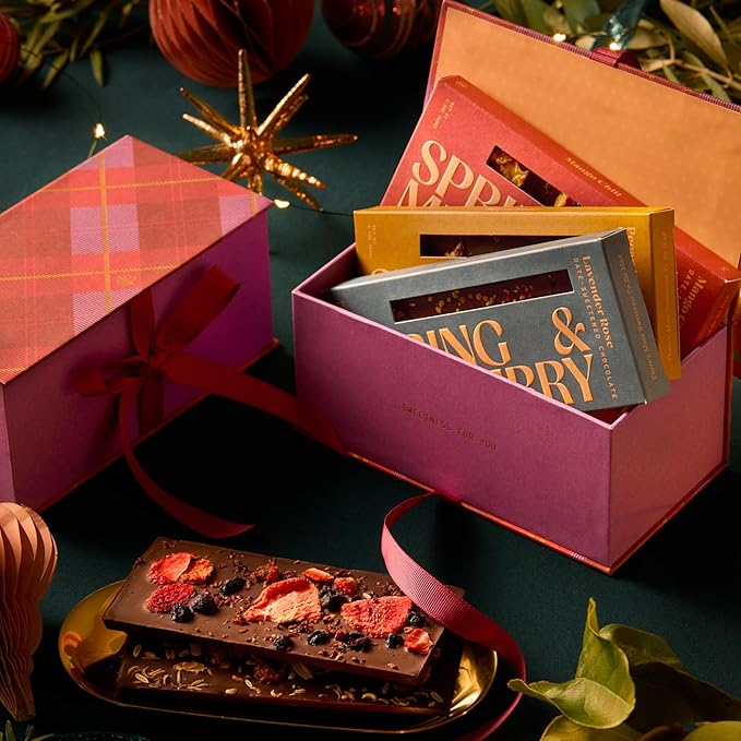 Spring & Mulberry Keepsakeable Holiday Gift Box - Dark Chocolate Bars - Refined Sugar Free Dark Chocolate Sweetened w/Dates, Gluten Free & Vegan Bar Treats - Embellished with Fruits & Florals Gift Set