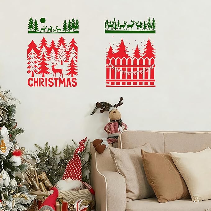 12 Pcs Large Christmas Window Stencils, Reusable Winter Scene Forest Reindeer Stencil, Mountain Tree Stencils for Painting on Wood Doormat Glass Fabric