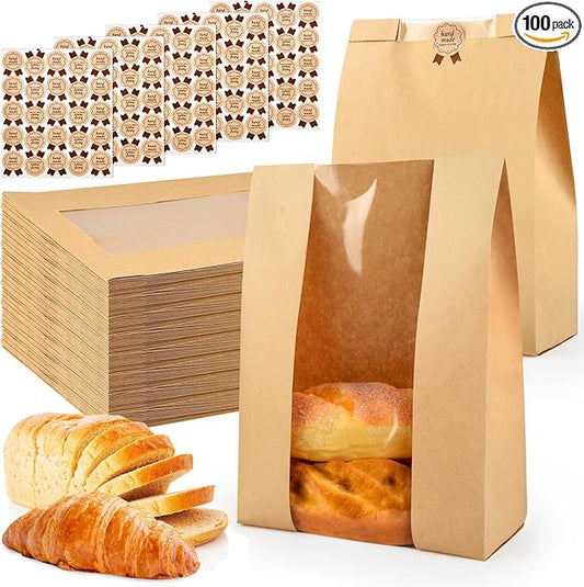 100 Pcs Bread Bags for Homemade, ROOKEA Sourdough Bread Bags with Window for Baked Paper Packaging with Sealing Stickers Bakery Cookie Food Snack Storage Large Kraft Paper 13.7x8.2x3.5 inch