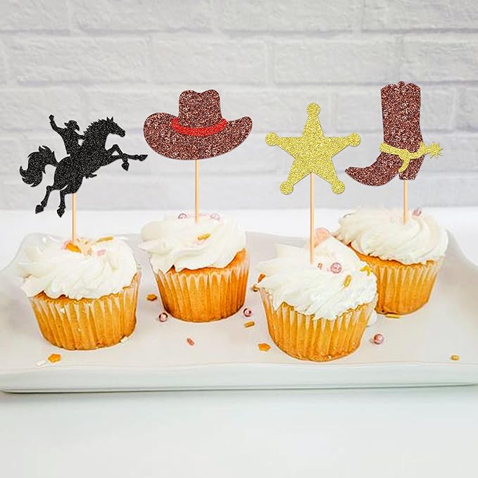 24pcs Cowboy Cupcake Toppers Glitter HorseShoe Cowboy Hats Boots Cupcake Picks Western Theme Baby Shower Boys Birthday Party Cake Decorations Supplies
