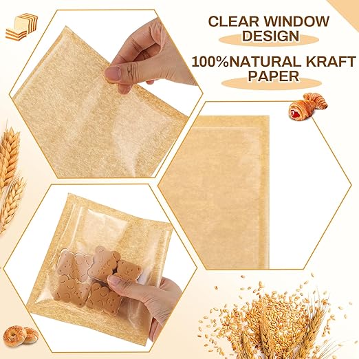 Outus 100 Pcs Cookie Packaging Bags with Seal, 6 x 6 Inch Bakery Pastry Bags with Window, Heat Sealable Grease Resistant Paper to Go Bake Sleeves for Gift Giving Donut Bread Sandwich (Brown)