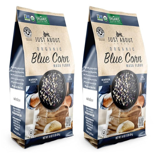 Just About Foods Organic Blue Corn Flour | USDA Organic | Gluten-Free, Kosher and Vegan | 1 LB (454 g) Pack of 2