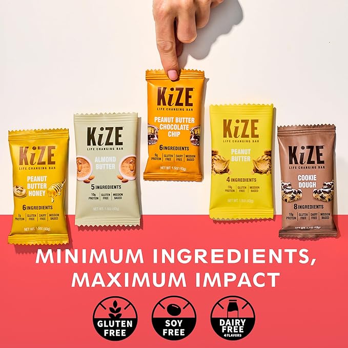 KiZE Energy Bars - Best Sellers Variety Pack - 20-Count -Gluten Free, Dairy Free Options, Non-GMO, and High Protein Meal Replacement Energy Bars, Clean and Simple Food Ingredients - 7-10g High Protein Snacks (20 Count)