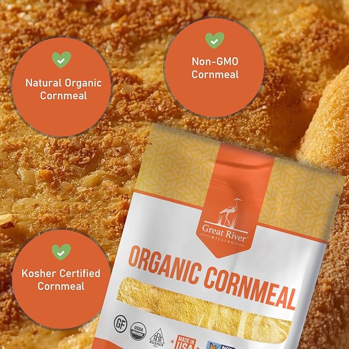Great River Milling Organic Medium Grind Cornmeal | USDA Organic, Gluten Free, Non-GMO, Kosher | Hearty Texture for Cornbread, Polenta, Muffins, Pancakes & Baking | 5 Lb