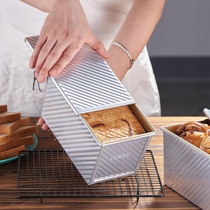 CURTA Pullman Loaf Pan with Lid 1 lb Dough Capacity Non-Stick Bakeware for Baking Bread, Corrugated sourdough bread pan, Silver 2pcs