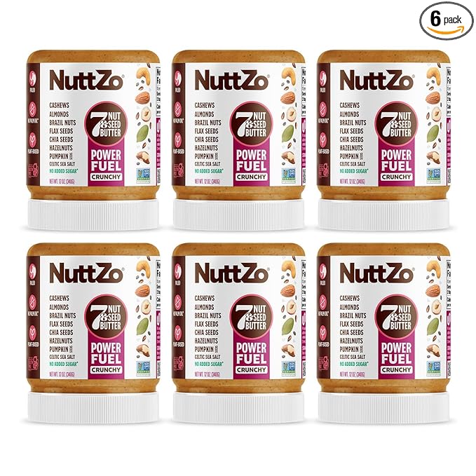 NuttZo Natural Power Fuel 7 Nuts and Seeds Butter, Crunchy, Paleo and Keto Friendly, Peanut and Gluten Free, Kosher, No Added Sugar or Oil, 12 oz Jar, 6 Pack