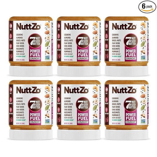 NuttZo Natural Power Fuel 7 Nuts and Seeds Butter, Crunchy, Paleo and Keto Friendly, Peanut and Gluten Free, Kosher, No Added Sugar or Oil, 12 oz Jar, 6 Pack