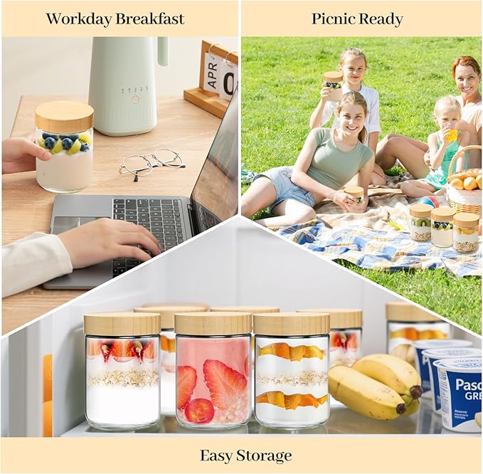 12 Pack 16oz Glass Jars with Bamboo Lids, Spoons, Airtight Overnight Oats Containers, Salad& Yogurt Storage, Mason Jars for Snacks, Spices, Meal Prep – Reusable