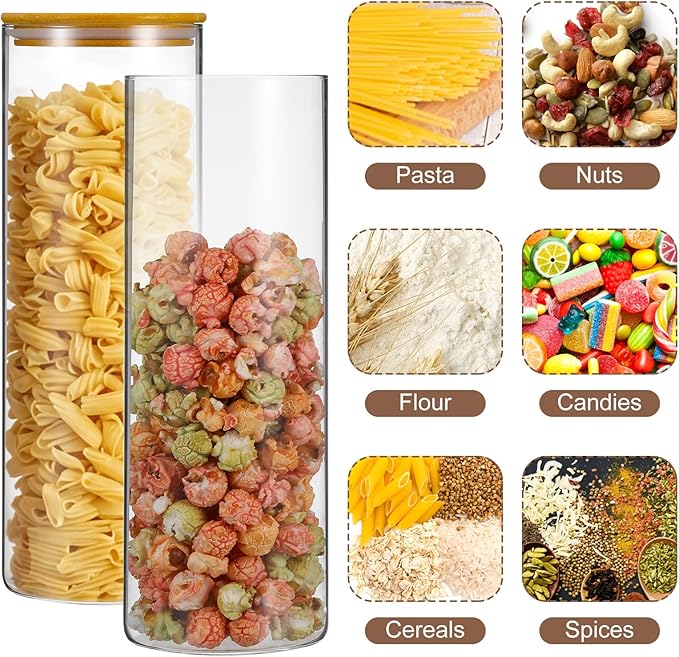 Set of 3 Glass Food Storage Jars,70oz Large Food Containers with Airtight Bamboo Wooden Lids for Pasta, Nuts, Flour, Glass Canisters for Kitchen, Pantry Organization and Storage, BPA Free