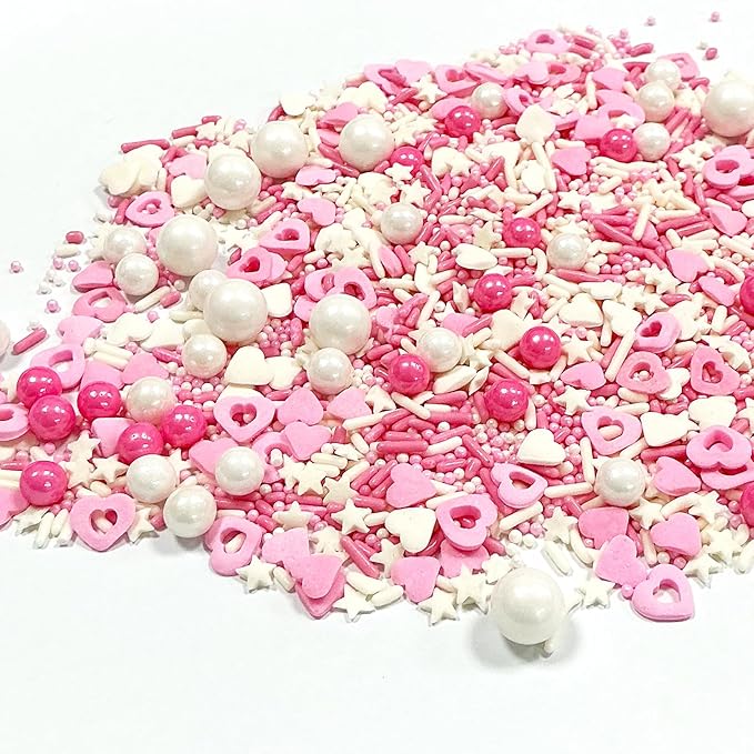 Valentines Sprinkles for Cake Decorating,Edible Pink White Pearl Confetti Jimmies Heart Sprinkles 100g/3.5oz Baking Ice Cream Cupcakes Wedding Party Valentines Christmas Supplies