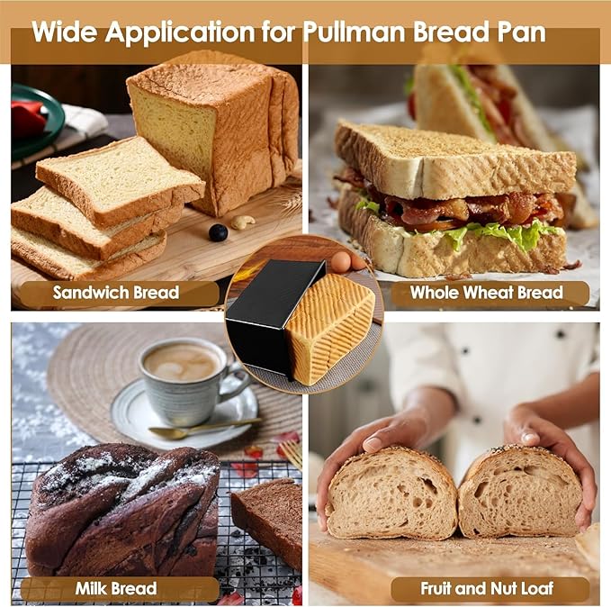 2pack 1LB Black Pullman Loaf Pan with Lid, Non-Stick Sandwich Bread Loaf Pan, Easy Release Bread Pan with Lid for Homemade Bread