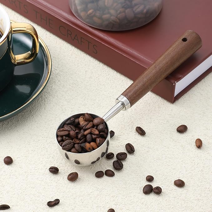 Vintage Coffee Measuring Spoon with Long Wooden Handle 10g / 30ml Capacity Metal Tablespoon Stainless Steel Coffee Scoop Kitchen Utensil Spoon for Coffees Tea Bath Salts