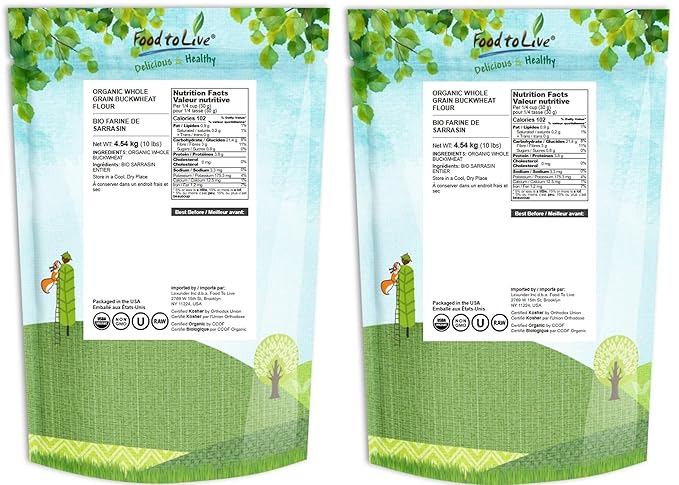 Food to Live - Organic Whole Grain Buckwheat Flour, 20 Pounds - Non-GMO, Kosher, Unbleached, Unbromated, Unenriched, Stone Ground, Powder, Meal, Sirtfood, Bulk