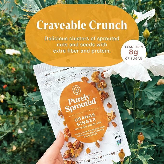 Purely Sprouted Orange Ginger Sprouted Snack Mix with Almond, Cashew Nuts & Pumpkin Seeds – Grain and Gluten Free, Vegan – Ideal for On-the-Go, 4oz, 6 pack