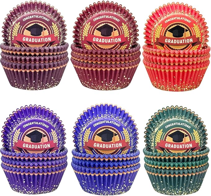 qiqee Graduation Cupcake Liners Muffin Liners for Graduation 300-Count 6 Original Design No Smell, Food Grade Baking Cups Paper(Small Size)