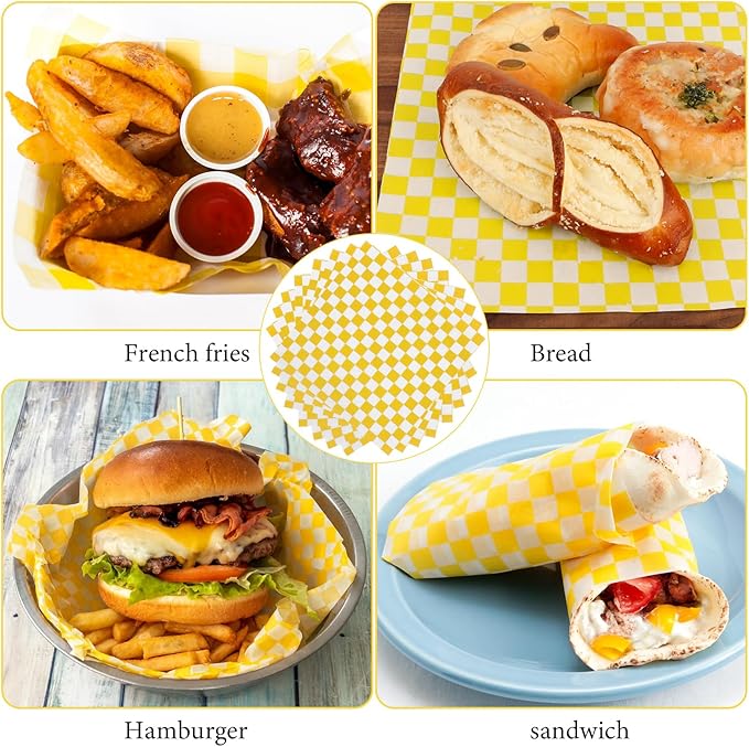 200 Pcs Wax Paper Sheets for Food Deli Wrap Paper Sheets 8.5x8.5"Food Basket Liners Checkered Square Sandwich Wraps for Burgers Bread Restaurant Barbecue Picnic(Yellow)