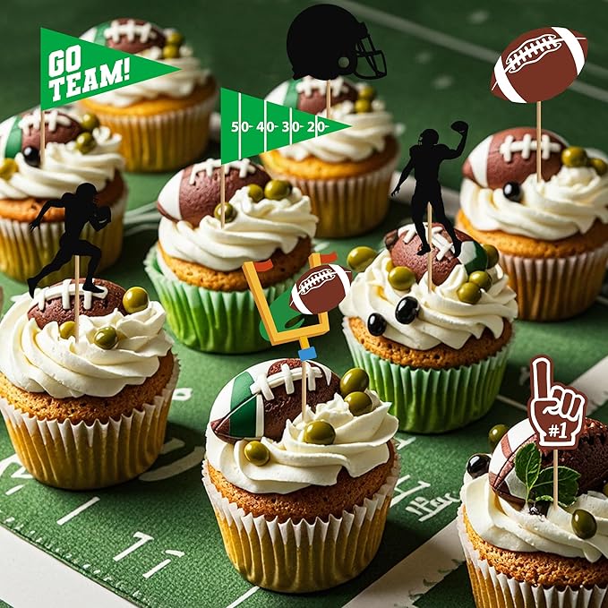 24 Pcs Football Cupcake Toppers, Disposable Foot Ball Themed Toothpicks, Touchdown Players Flagship Cake Toppers, Football Party Decorations for Sports Theme Baby Shower Birthday Party Supplies