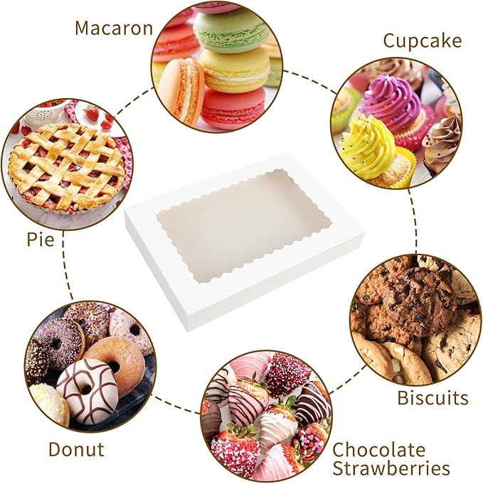Moretoes 40pcs Large Bakery Boxes, 16x11x2.5 Inches Auto-Popup Cookie Boxes with Window for Donuts, Treats, Pastries, Pies, Muffins, Chocolate Covered Strawberries