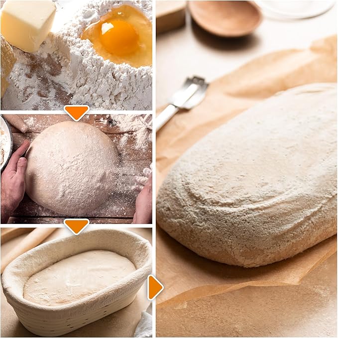 10 Inch Banneton Bread Proofing Basket, Oval Sourdough Proofing Basket with Cloth Liners & Dough Scrapers Set of 10,Bulk Rattan Banneton Sourdough Bowl Basket for Home Baker Supplies